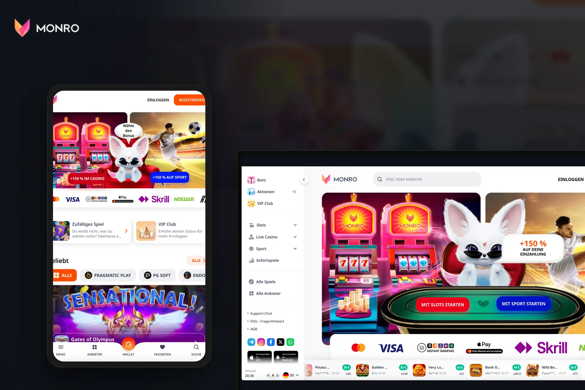 Monro Casino Startseite auf verschiedenen Geräten